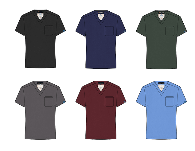 Medtailor scrub tops displayed in six colors, Highland Green, Jet Black, Merlot Red, Navy Blue, Platinum Gray, and Sky Blue.