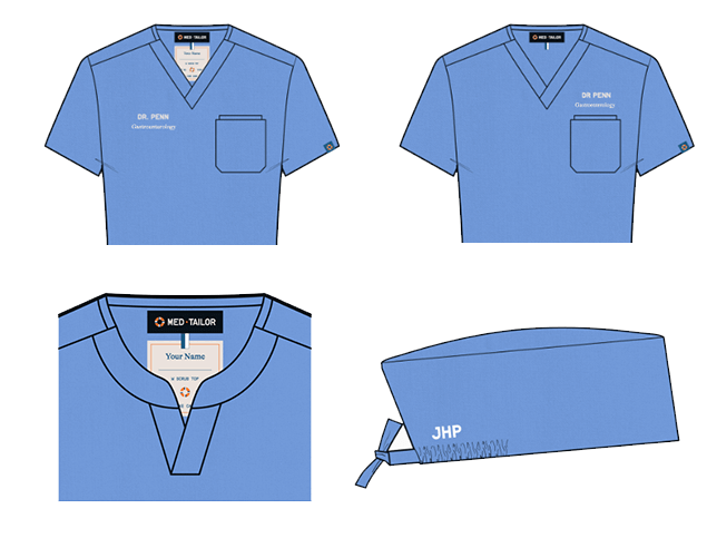 MedTailor scrub tops and cap displaying five possible personalization options. The fabric color is Sky Blue.