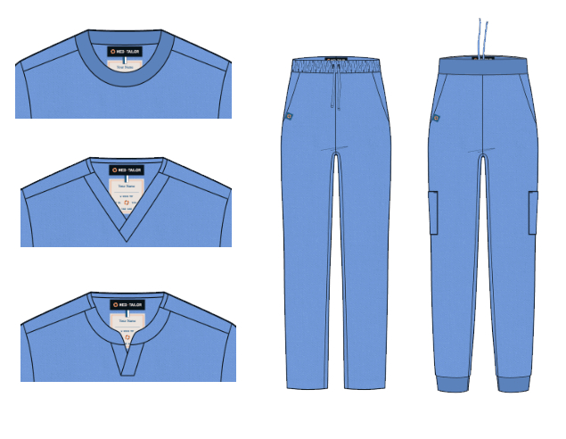 MedTailor scrub tops and pants displaying forty eight possible style combinations. The fabric color is Sky Blue.