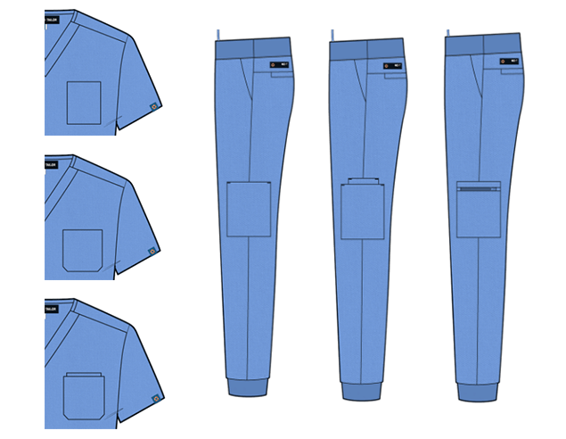 MedTailor scrub tops and pants displaying twenty four pocket options. The fabric color is Sky Blue.
