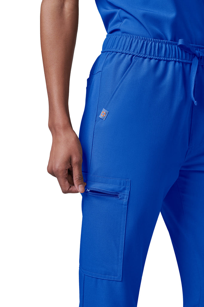 Woman wearing MedTailor women's scrub pants in Royal Blue color fabric