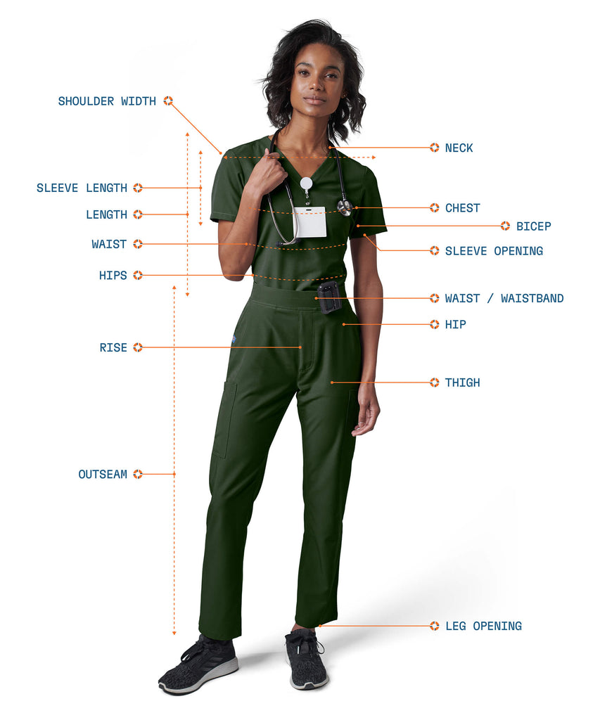 A woman is standing wearing a MedTailor scrub top and pants outfit. The fabric color is Highland Green. She is surrounded by measurement criteria captured by the MeasureUP app.