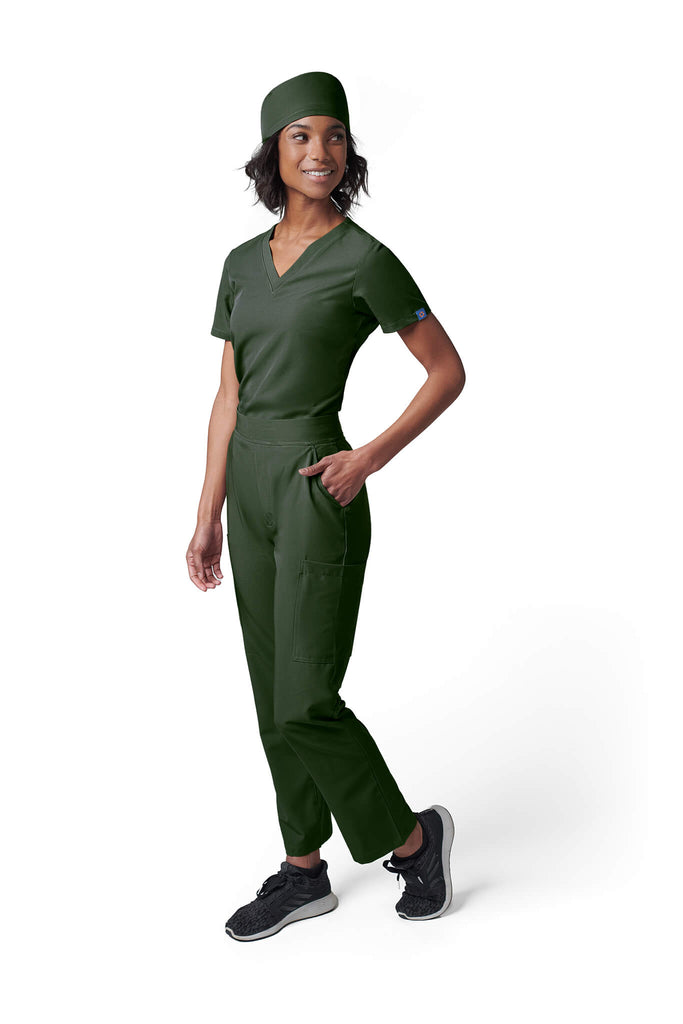 Woman wearing MedTailor women's custom scrub cap in Highland Green color fabric