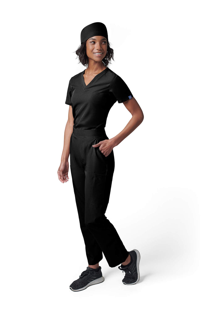 Woman wearing MedTailor women's scrub cap in Jet Black color fabric